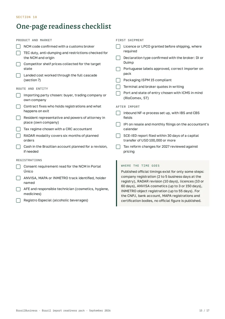 Brazil import readiness pack, page 15: one-page checklist