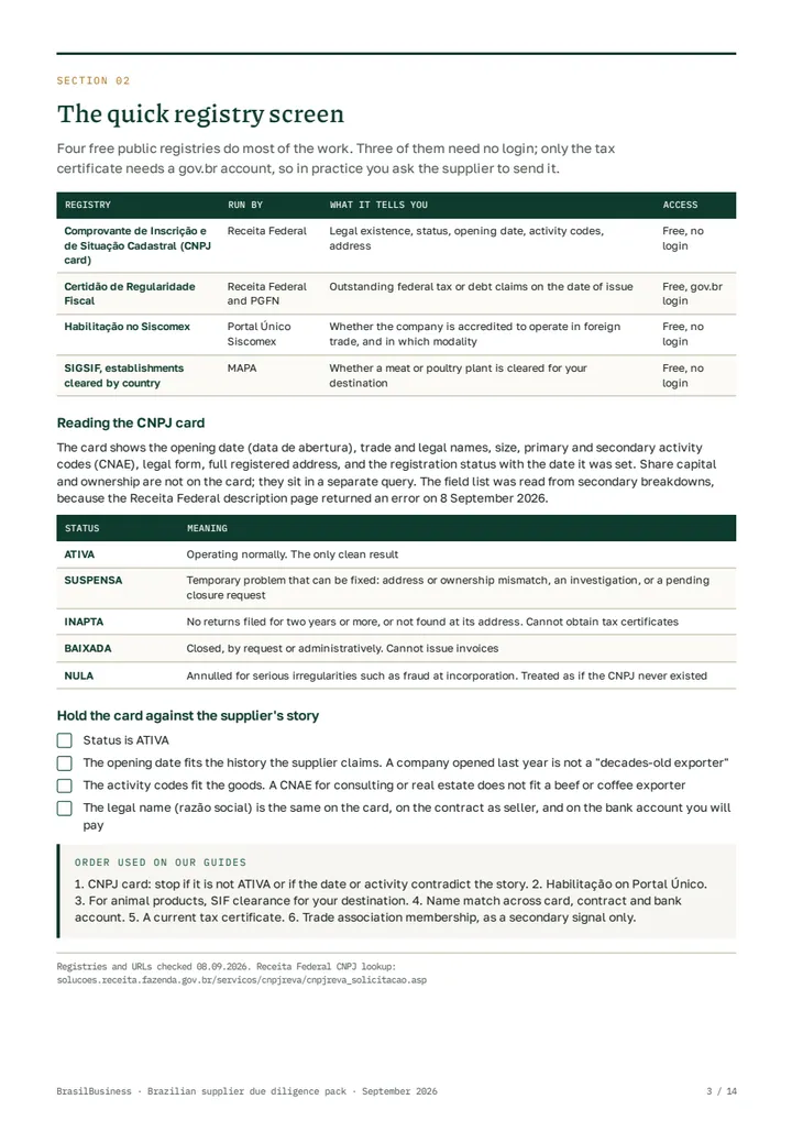 Brazilian supplier due diligence pack, page 3: registry screen
