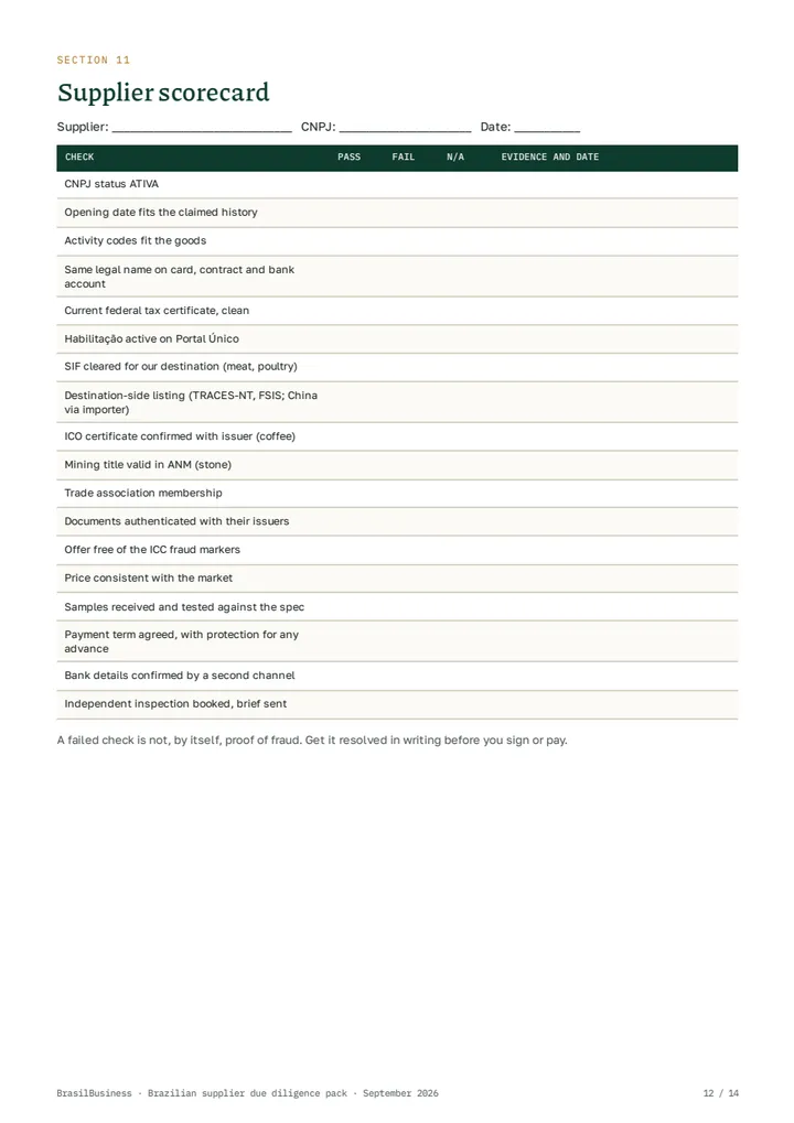 Brazilian supplier due diligence pack, page 12: supplier scorecard